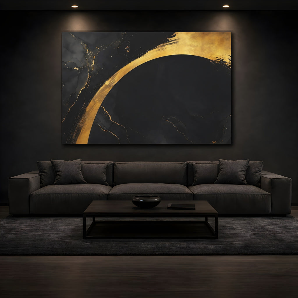Mockup 3. Abstract Abstract Arch Black And Gold shown as stretched canvas wall art