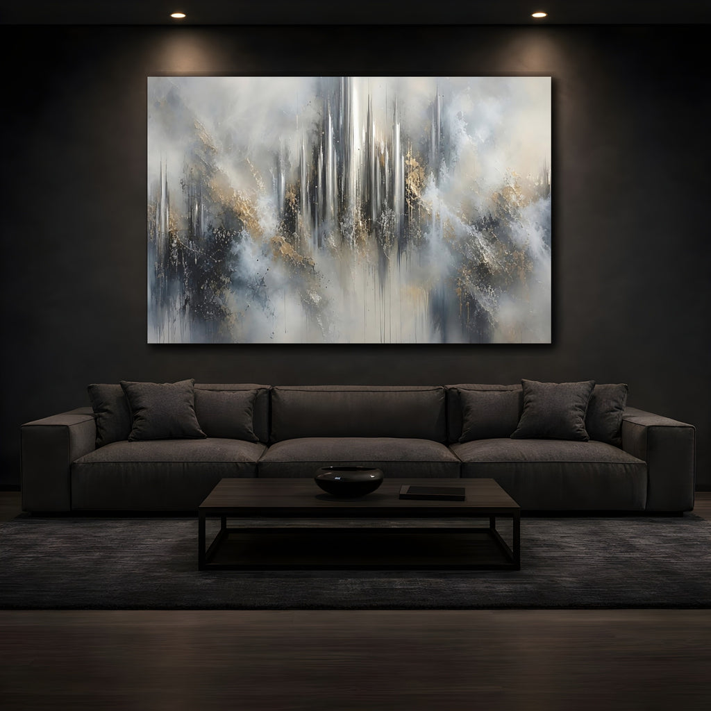 Mockup 3. Abstract Abstract Cityscape Abstract Gray Gold shown as stretched canvas wall art