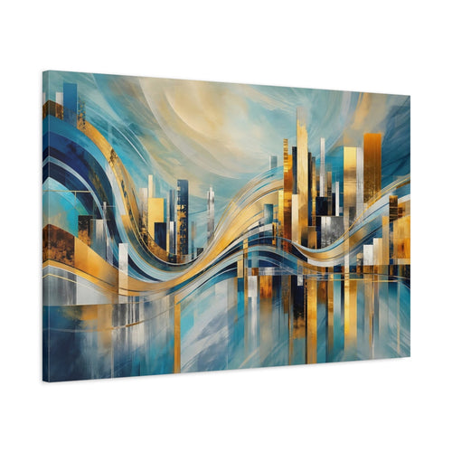 Main Mockup. Abstract Abstract Cityscape Blue And Gold Cityscape shown as stretched canvas wall art