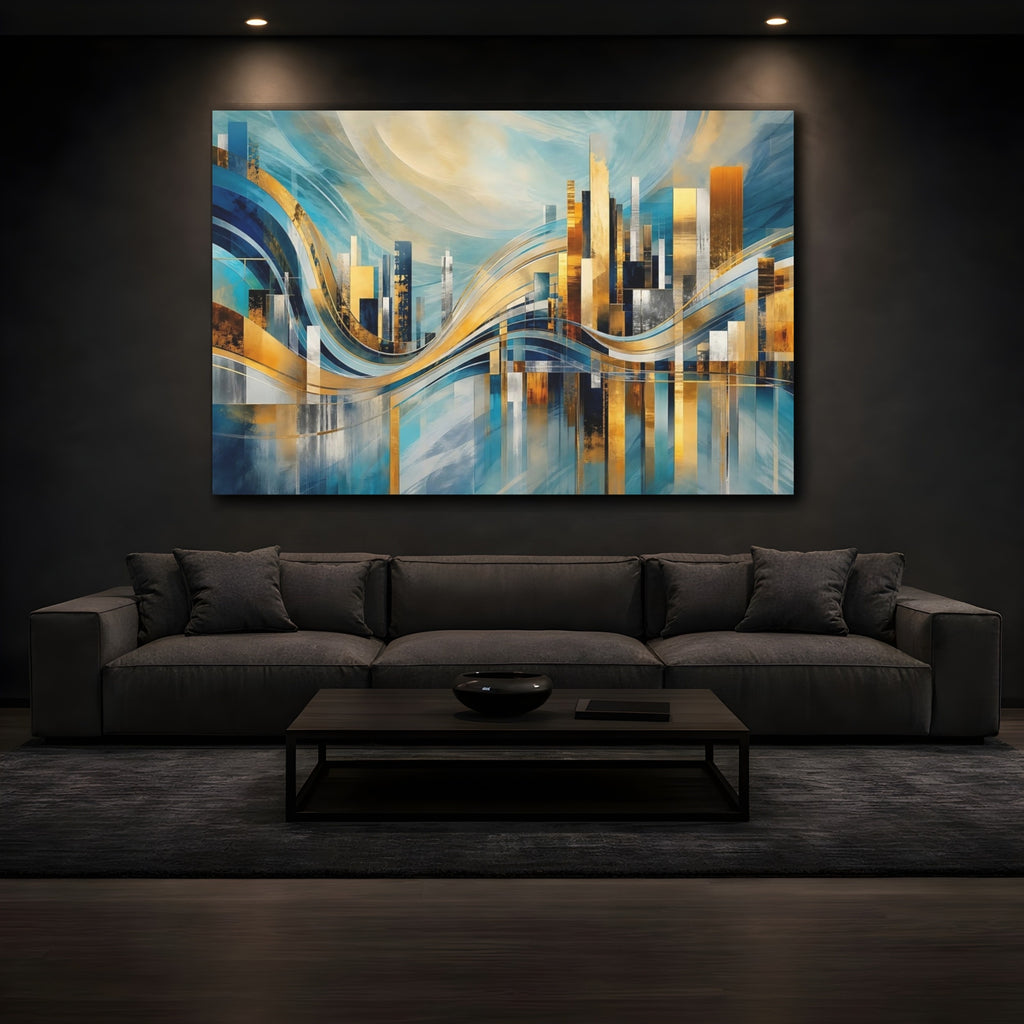 Mockup 3. Abstract Abstract Cityscape Blue And Gold Cityscape shown as stretched canvas wall art