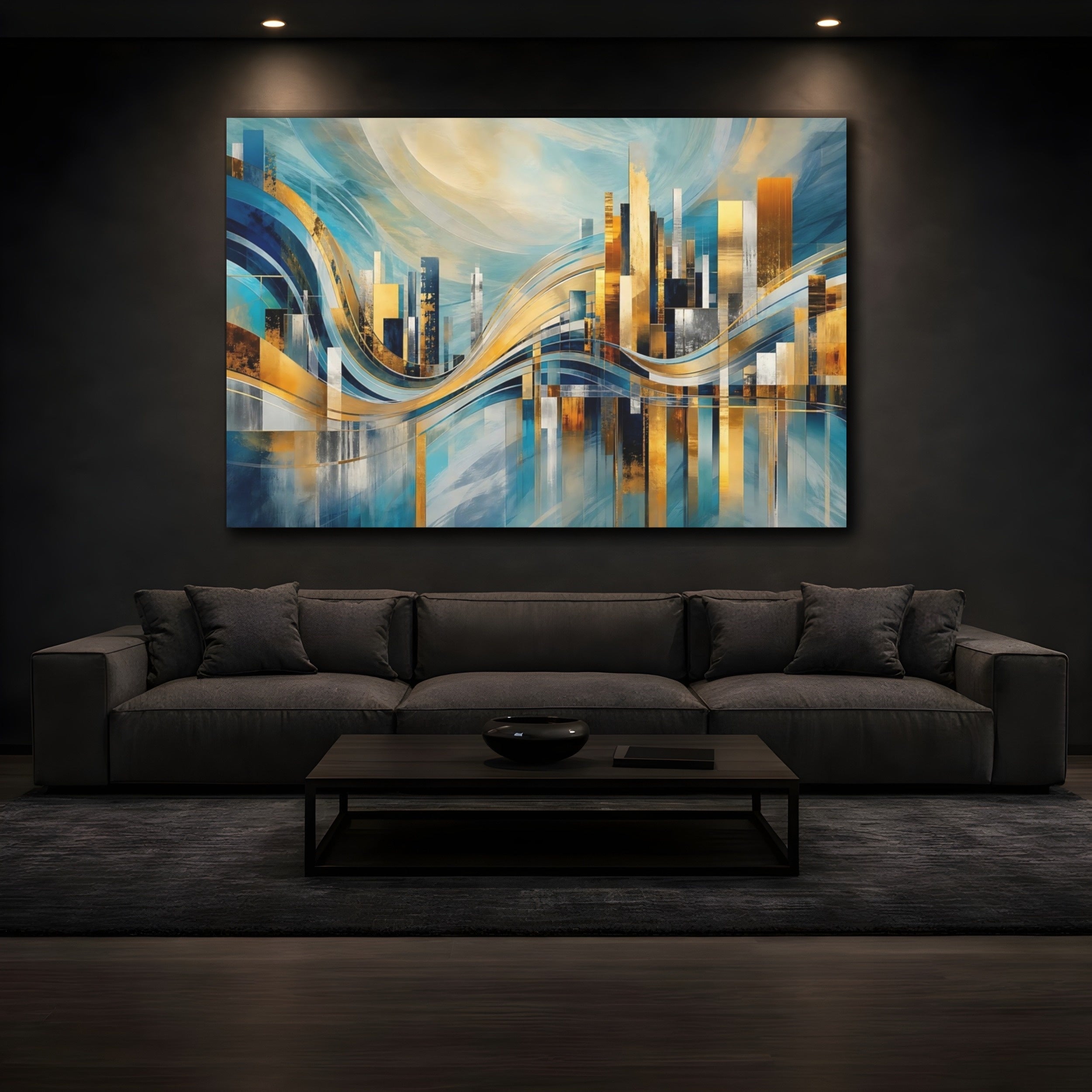 Mockup 3. Abstract Abstract Cityscape Blue And Gold Cityscape shown as stretched canvas wall art