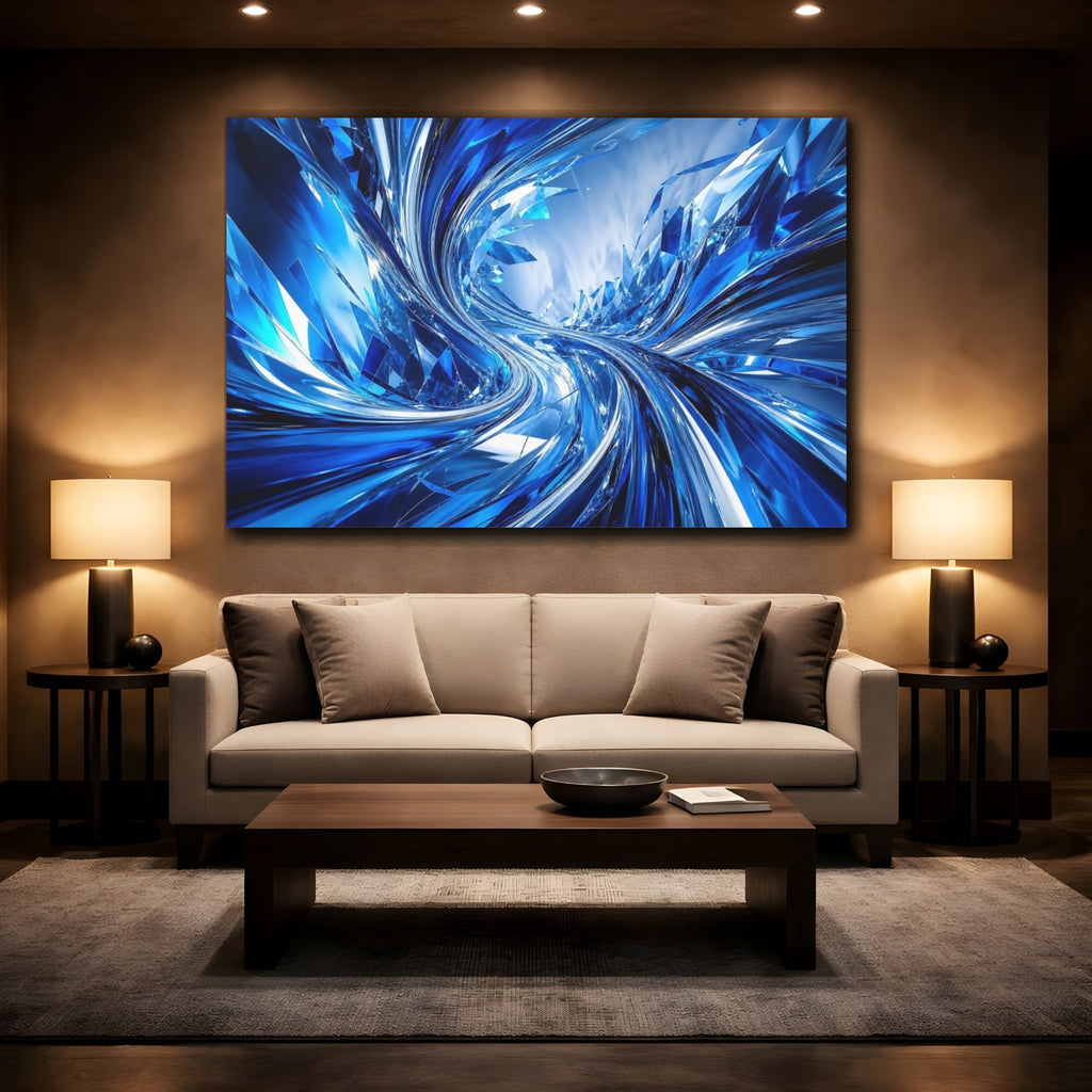 Mockup 2. Abstract Abstract Crystals Blue And Silver shown as stretched canvas wall art