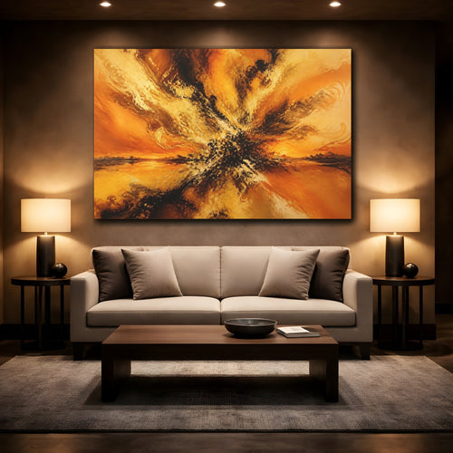 Mockup 2. Abstract Abstract Explosion Orange Gold Abstract shown as stretched canvas wall art
