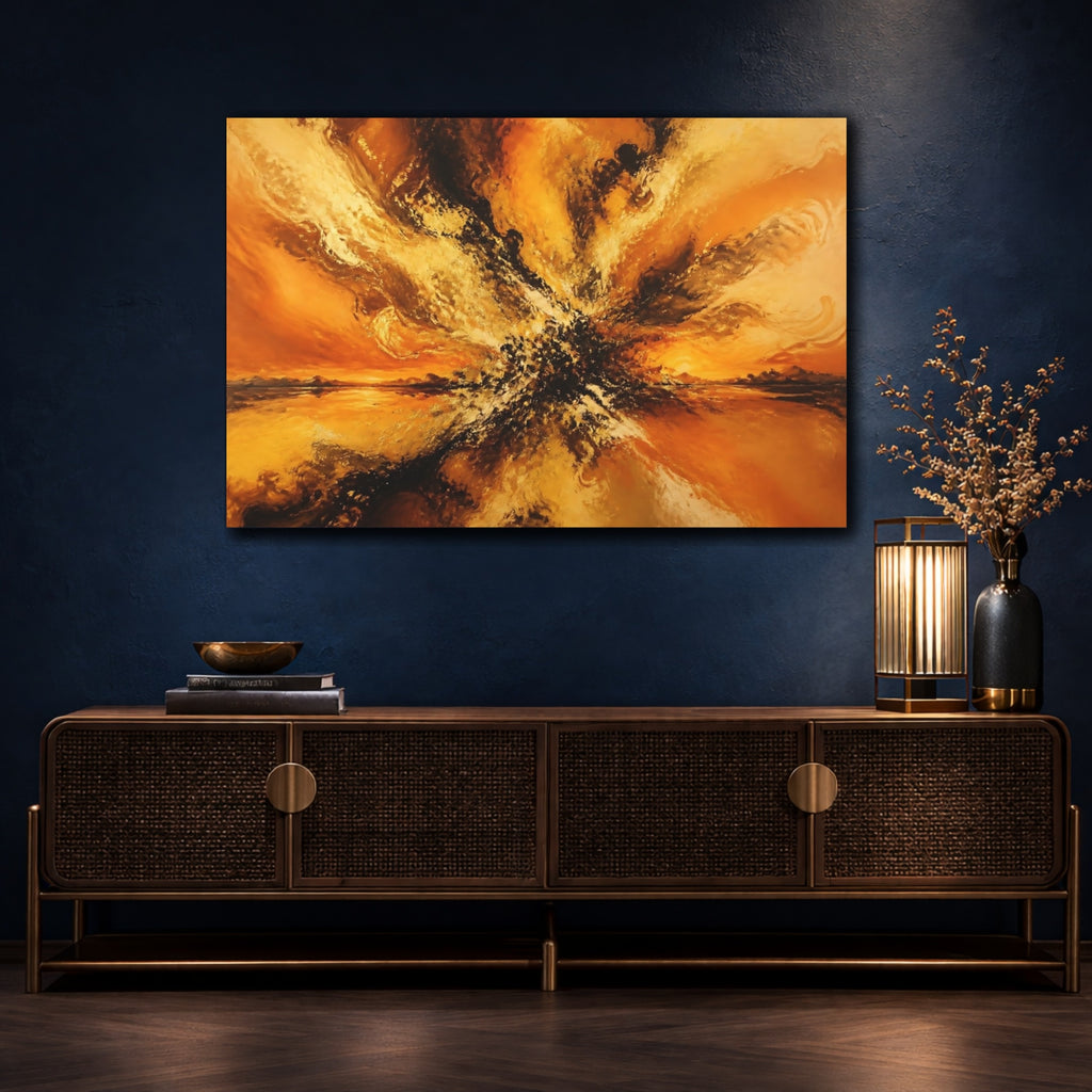 Mockup 4. Abstract Abstract Explosion Orange Gold Abstract shown as stretched canvas wall art
