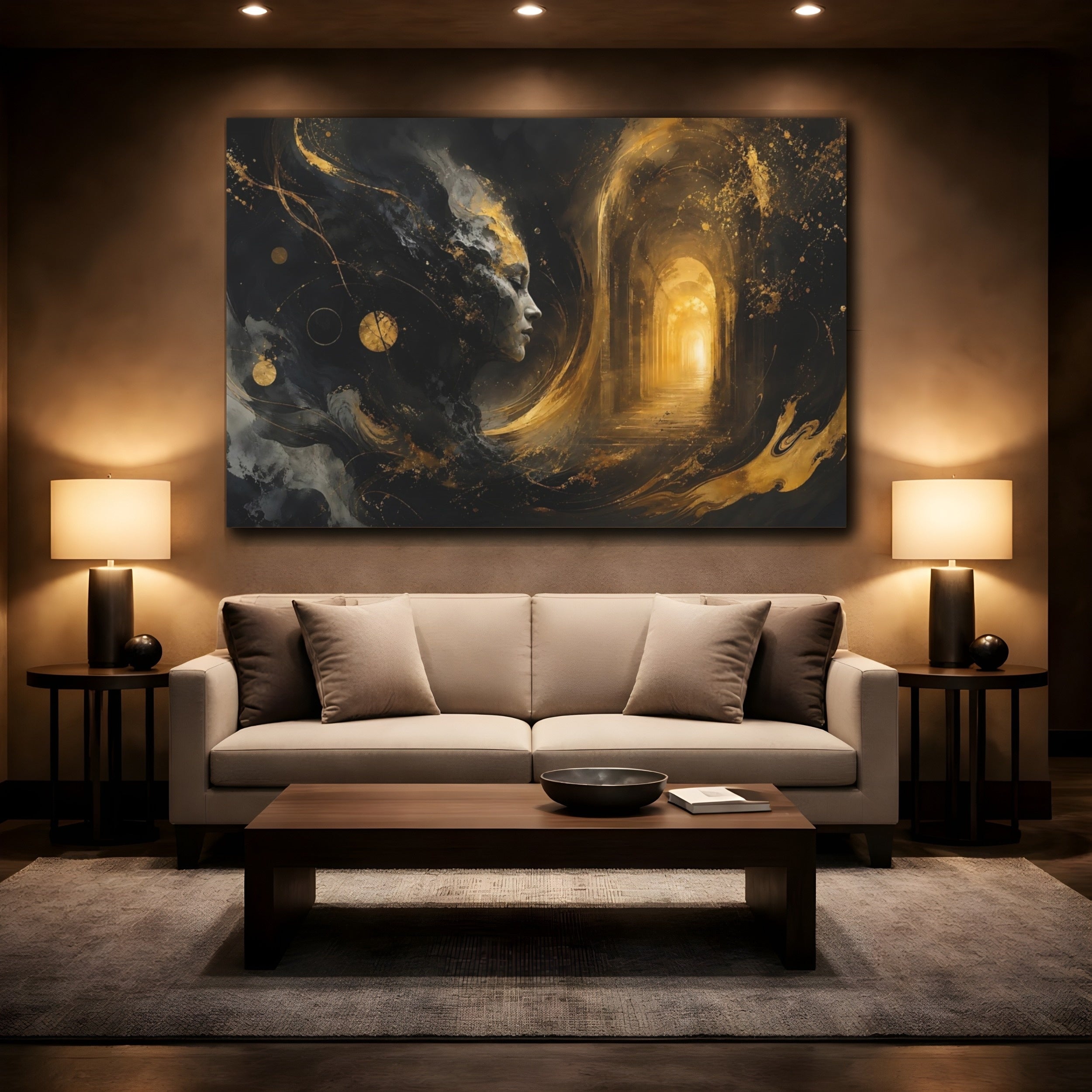 Mockup 2. Abstract Abstract Face Black And Gold shown as stretched canvas wall art