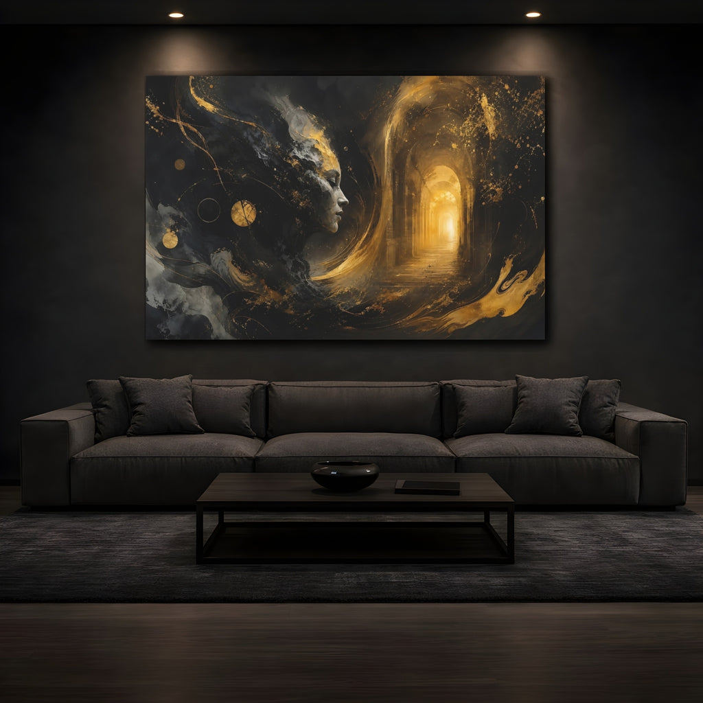 Mockup 3. Abstract Abstract Face Black And Gold shown as stretched canvas wall art