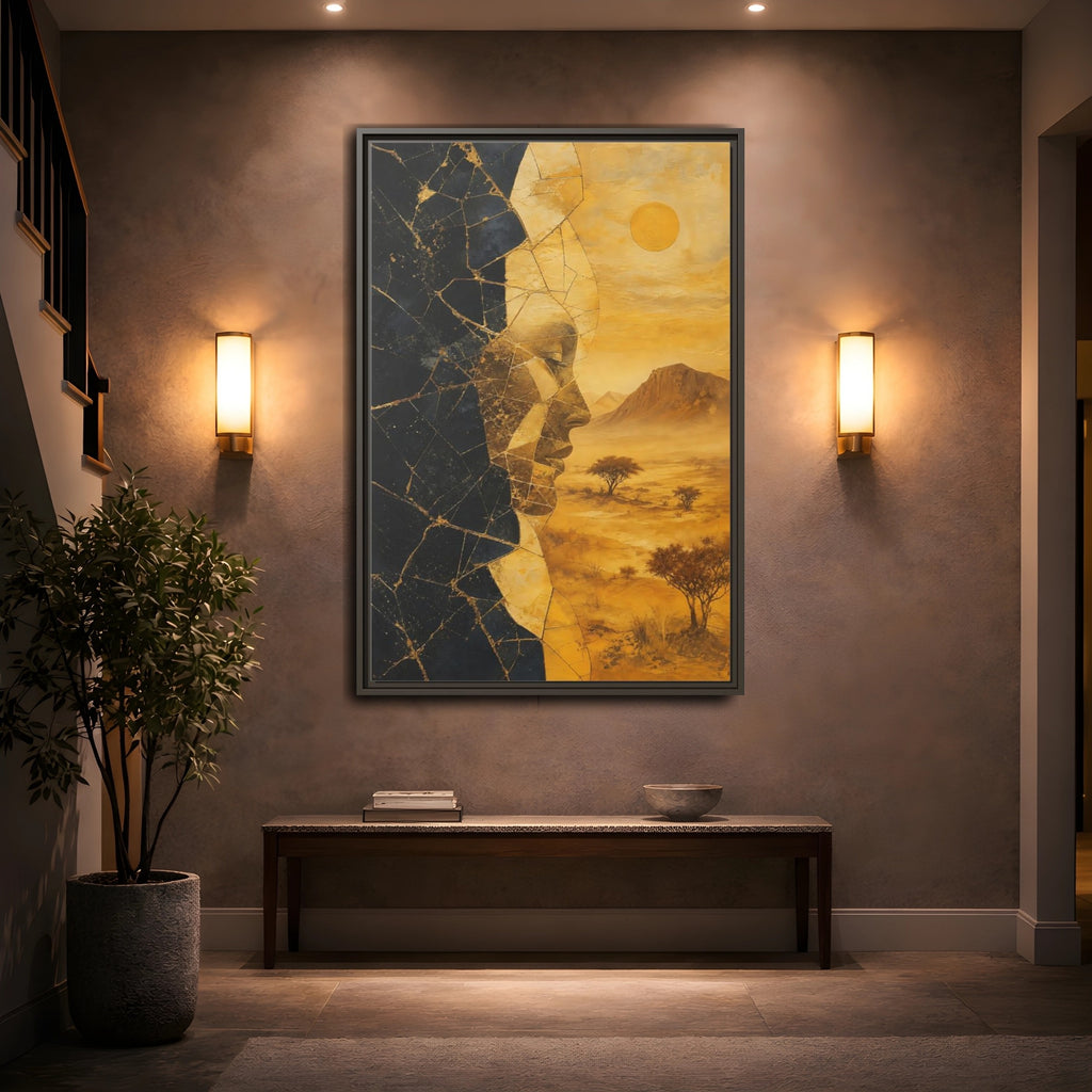 Mockup 2. Abstract Abstract Face Gold And Black shown as stretched canvas wall art