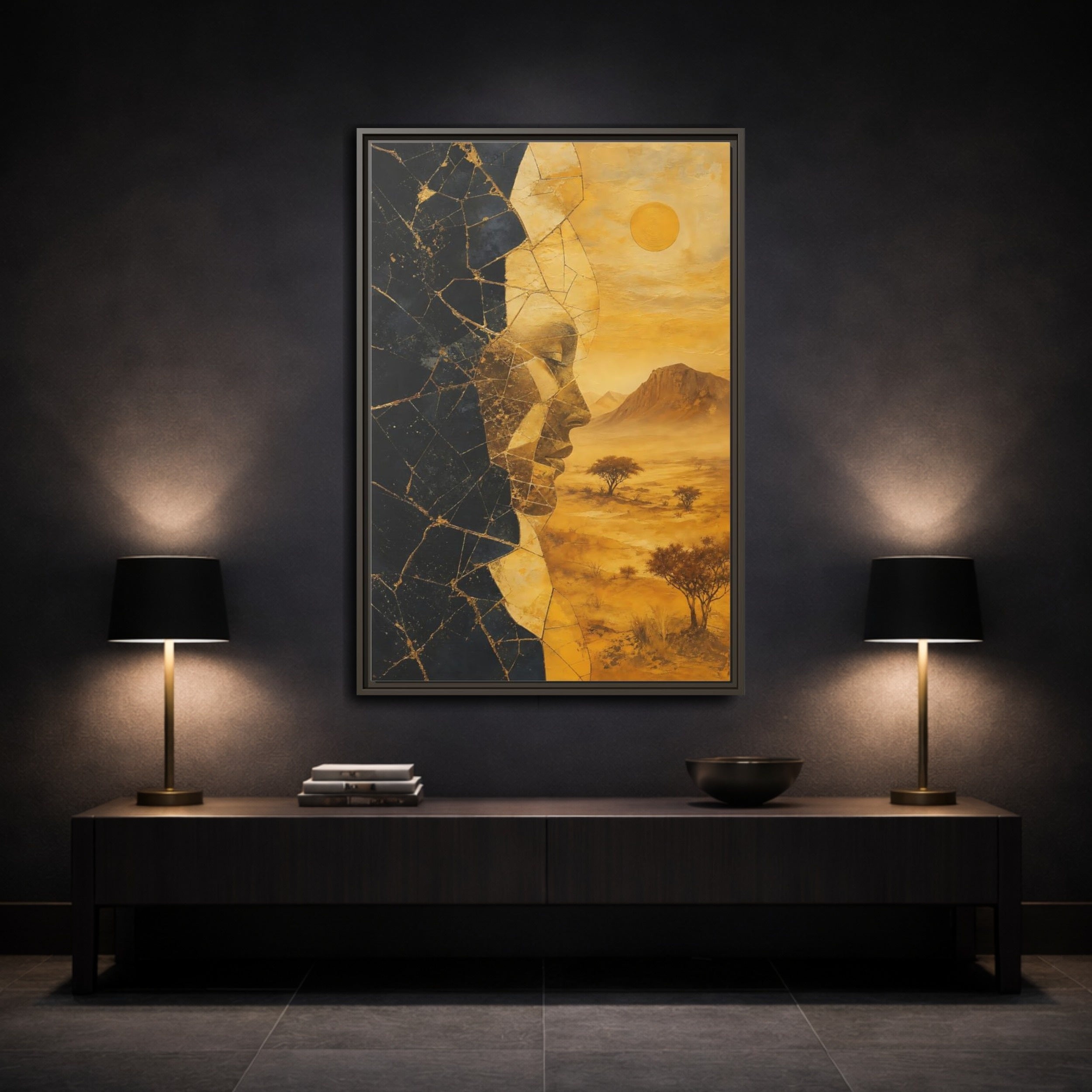 Mockup 3. Abstract Abstract Face Gold And Black shown as stretched canvas wall art