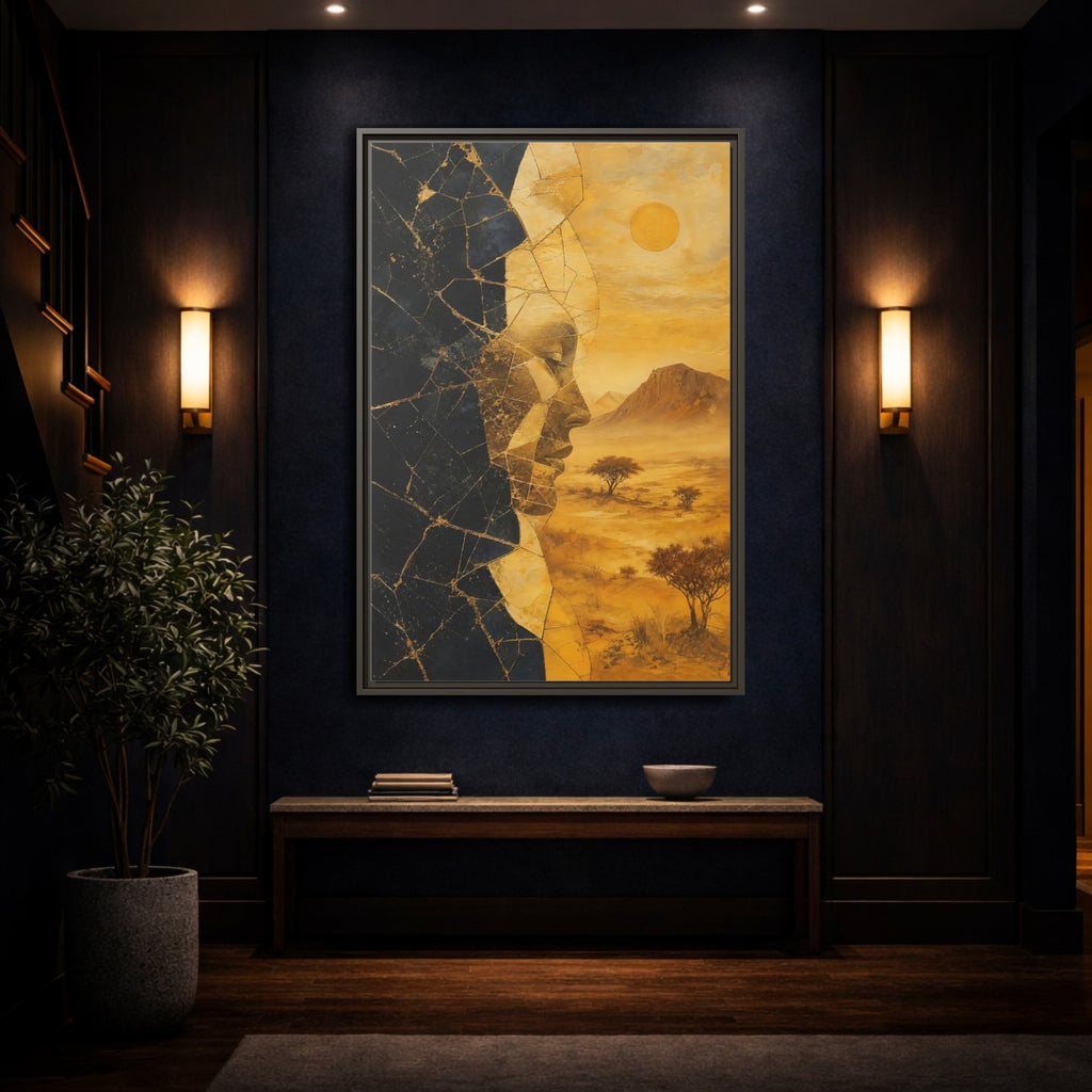 Mockup 4. Abstract Abstract Face Gold And Black shown as stretched canvas wall art