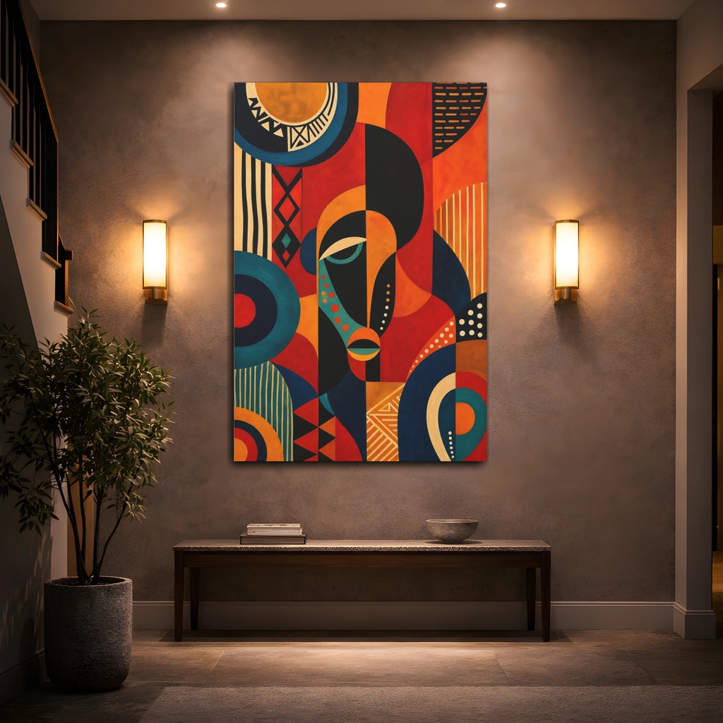 Mockup 2. Abstract Abstract Face Red Orange Blue Black shown as stretched canvas wall art