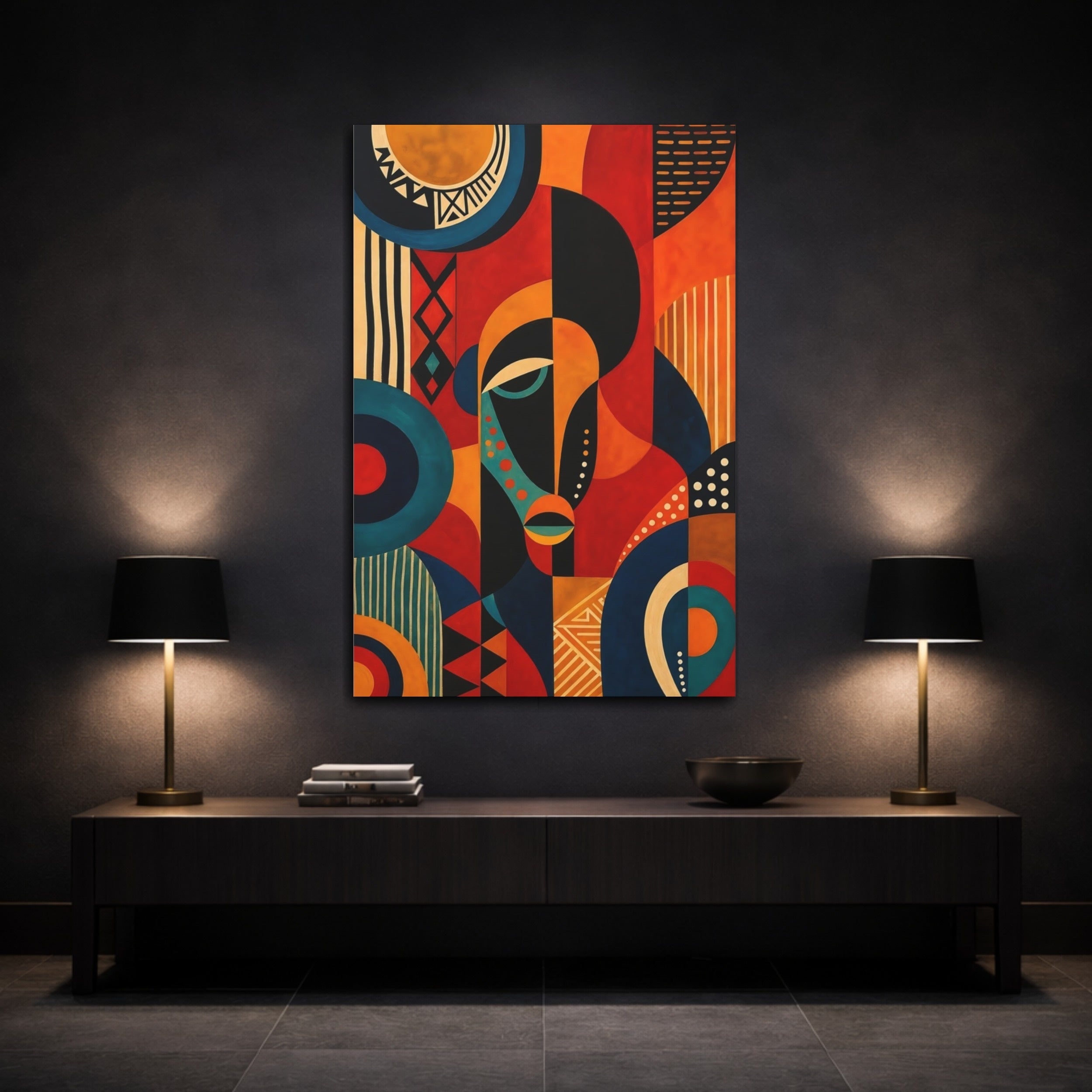 Mockup 3. Abstract Abstract Face Red Orange Blue Black shown as stretched canvas wall art