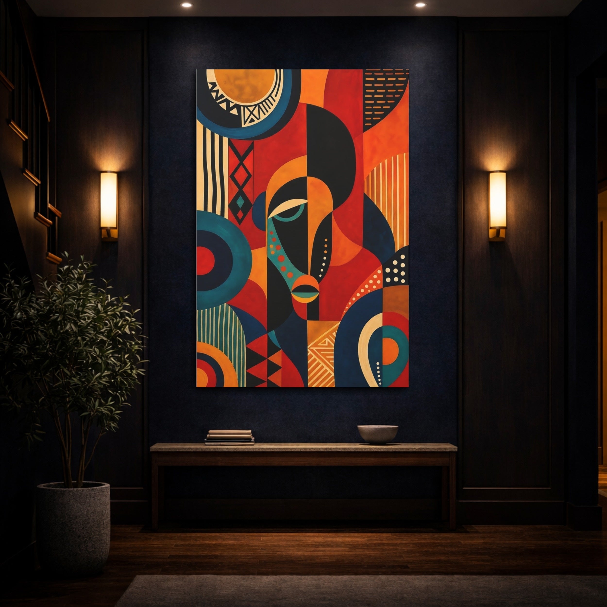 Mockup 4. Abstract Abstract Face Red Orange Blue Black shown as stretched canvas wall art