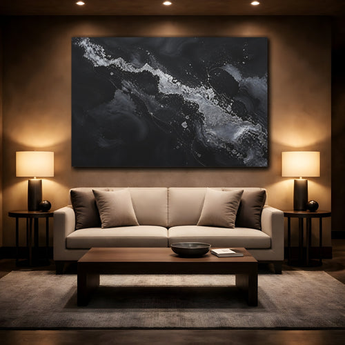 Mockup 2. Abstract Abstract Flow Black And Silver shown as stretched canvas wall art