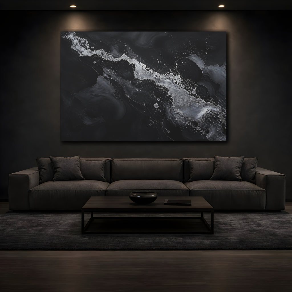 Mockup 3. Abstract Abstract Flow Black And Silver shown as stretched canvas wall art