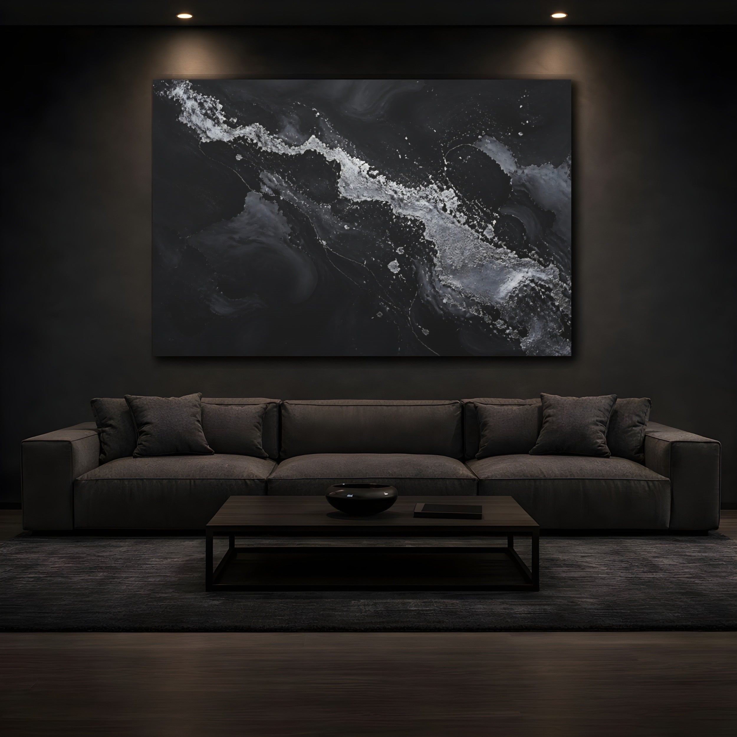 Mockup 3. Abstract Abstract Flow Black And Silver shown as stretched canvas wall art