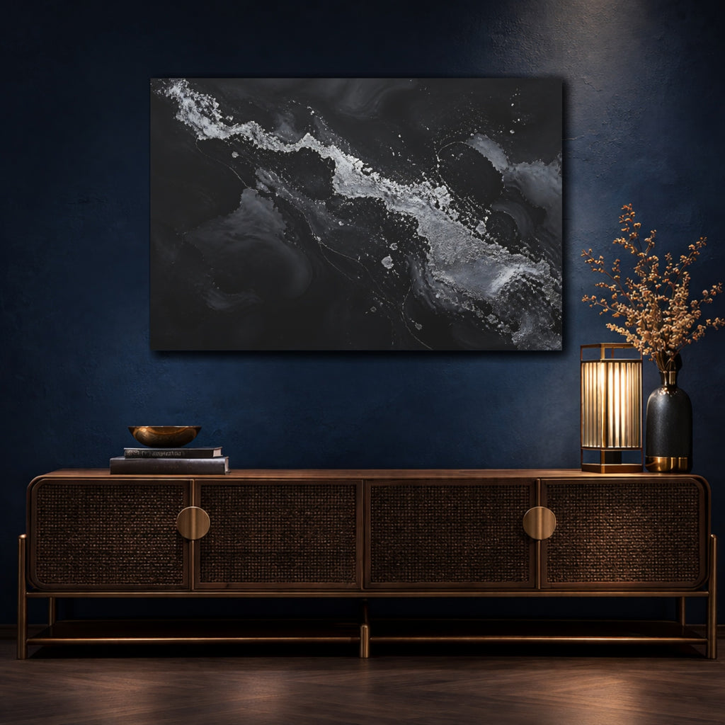 Mockup 4. Abstract Abstract Flow Black And Silver shown as stretched canvas wall art
