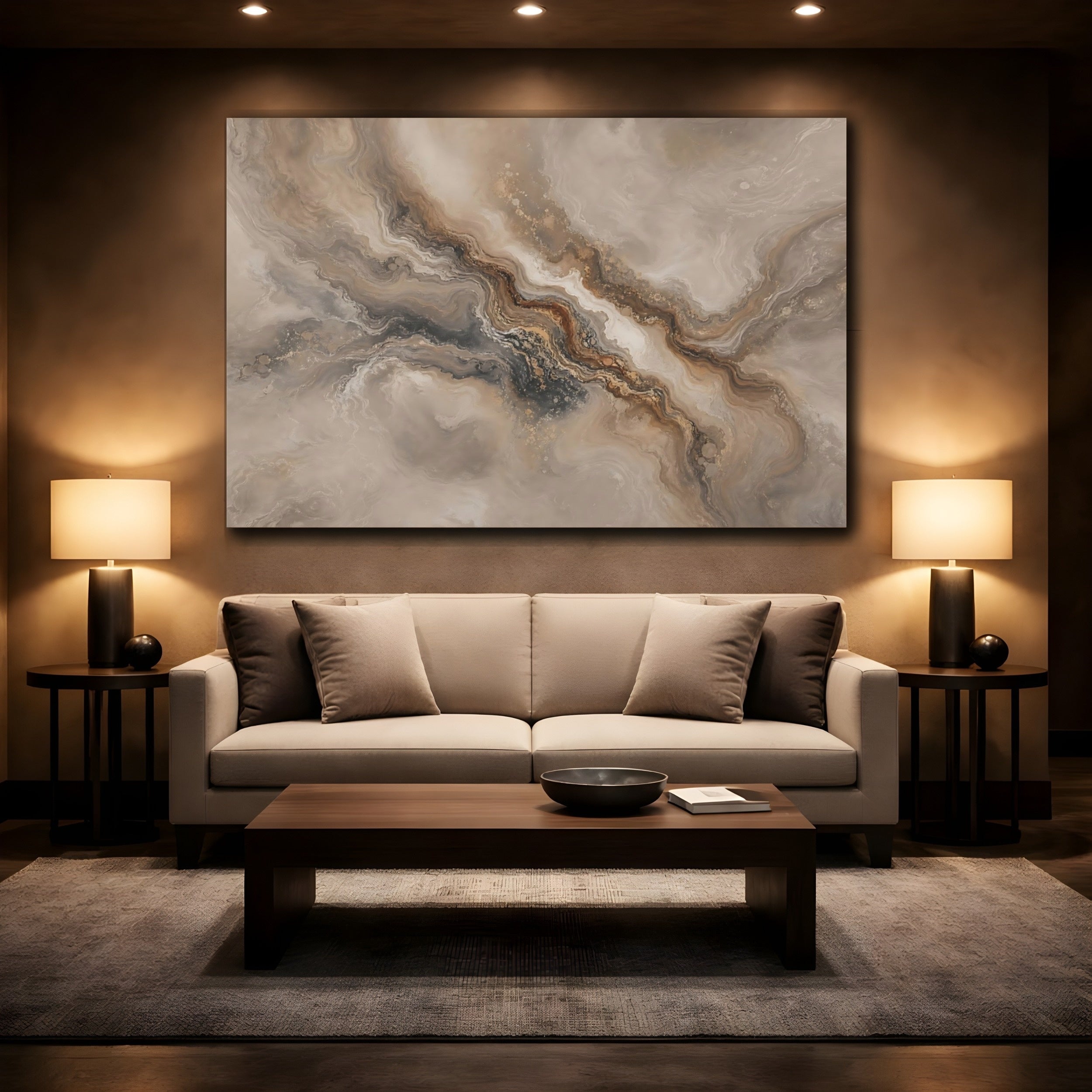 Mockup 2. Abstract Abstract Flow Brown And Gold Abstract shown as stretched canvas wall art