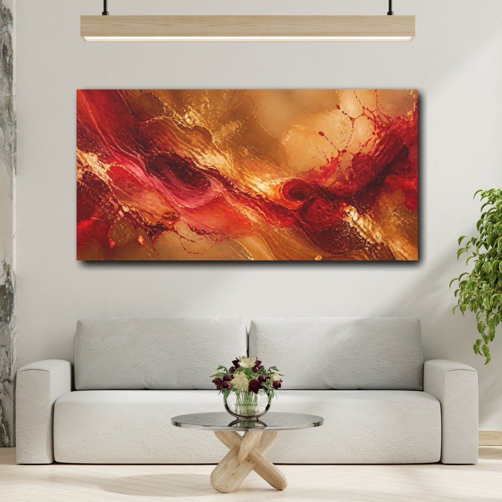 Mockup 2. Abstract Abstract Flow Gold Red Abstract shown as stretched canvas wall art