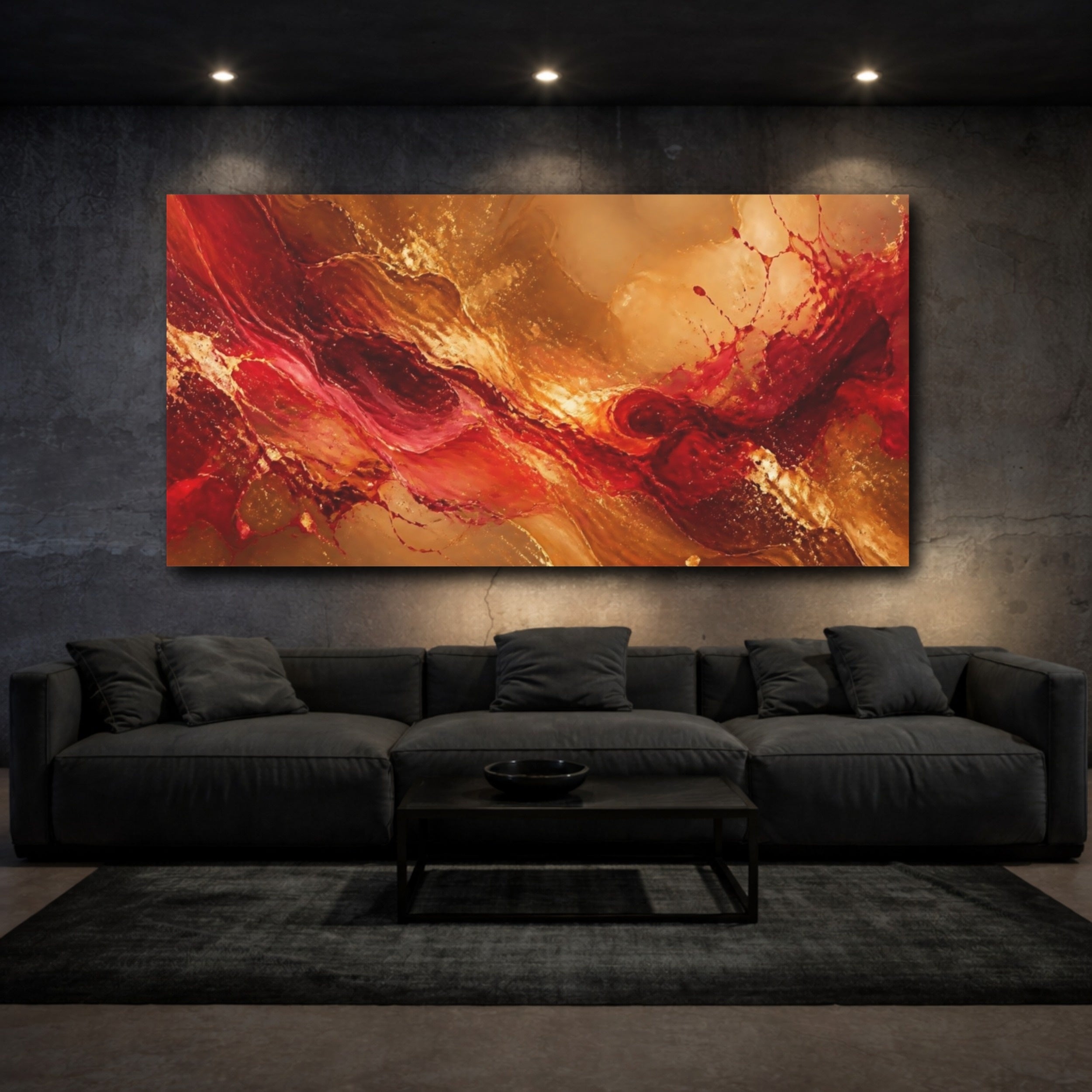 Mockup 3. Abstract Abstract Flow Gold Red Abstract shown as stretched canvas wall art