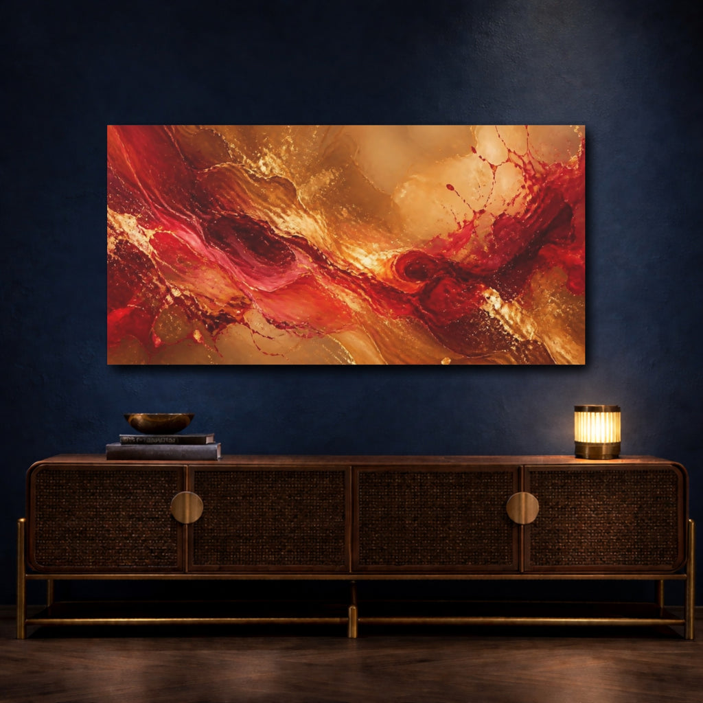 Mockup 4. Abstract Abstract Flow Gold Red Abstract shown as stretched canvas wall art