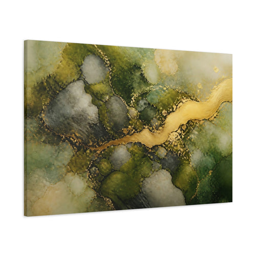 Main Mockup. Abstract Abstract Flow Green And Gold shown as stretched canvas wall art