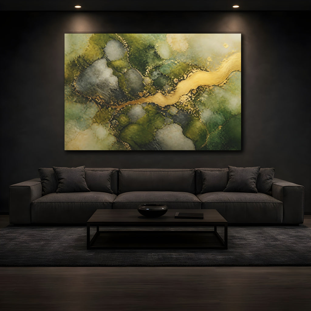 Mockup 3. Abstract Abstract Flow Green And Gold shown as stretched canvas wall art