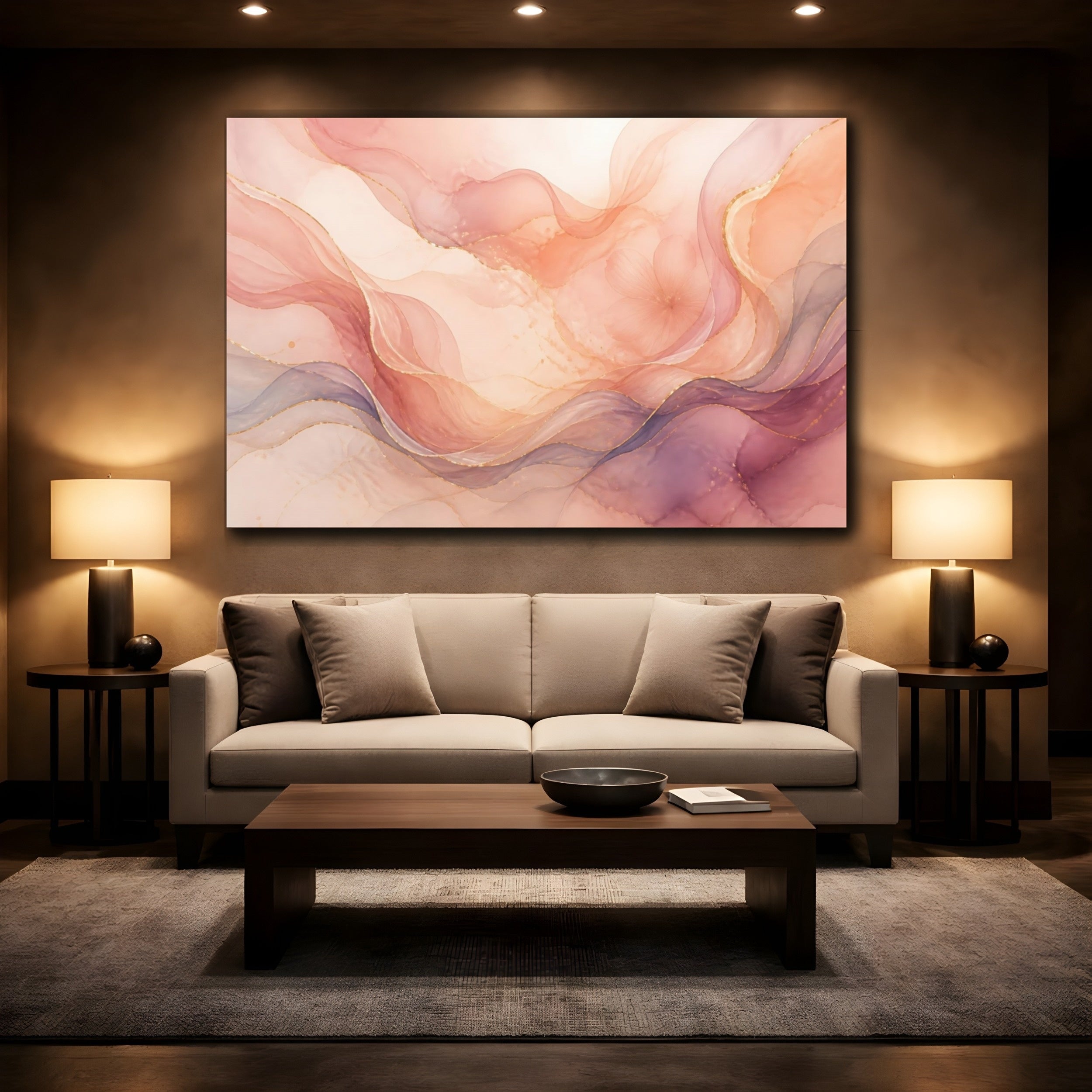 Mockup 2. Abstract Abstract Flow Pink Gold Abstract shown as stretched canvas wall art