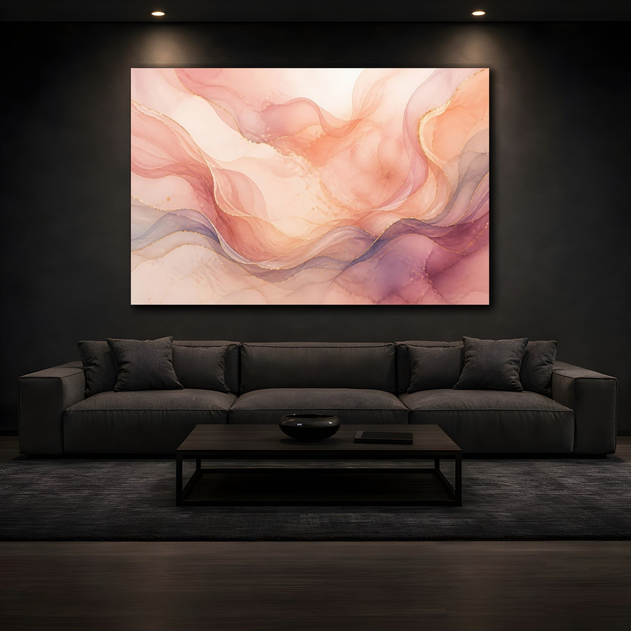 Mockup 3. Abstract Abstract Flow Pink Gold Abstract shown as stretched canvas wall art