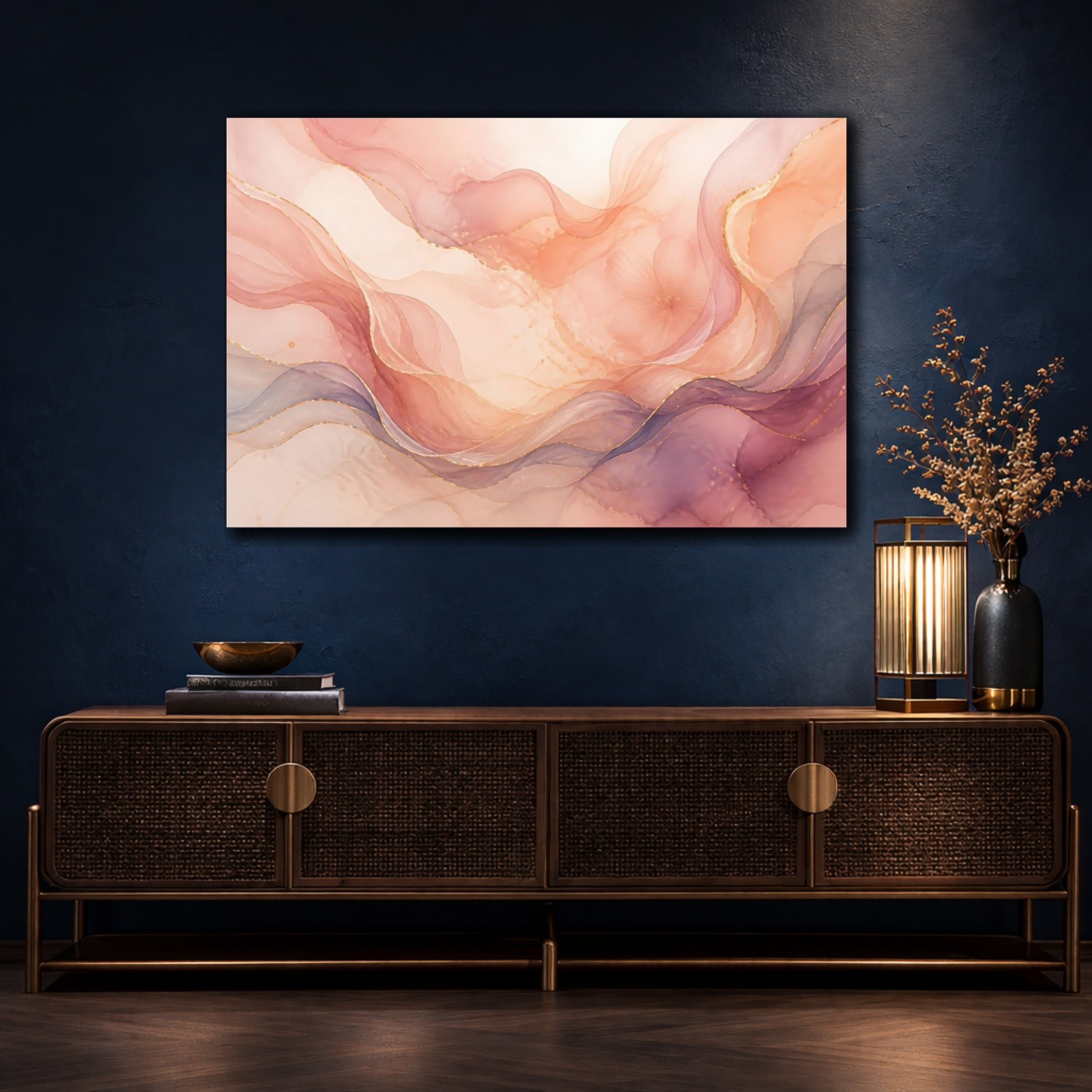 Mockup 4. Abstract Abstract Flow Pink Gold Abstract shown as stretched canvas wall art