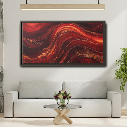 Mockup 2. Abstract Abstract Flow Red And Gold shown as stretched canvas wall art