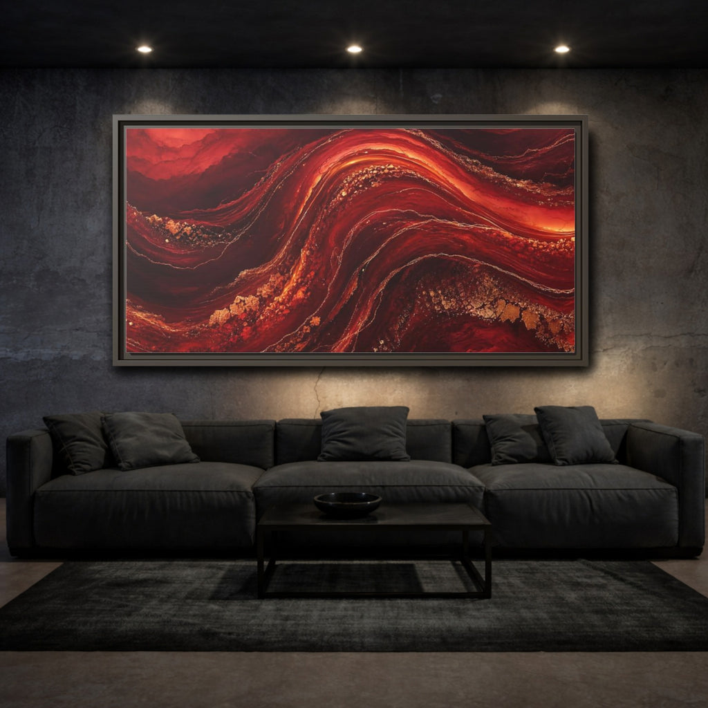 Mockup 3. Abstract Abstract Flow Red And Gold shown as stretched canvas wall art