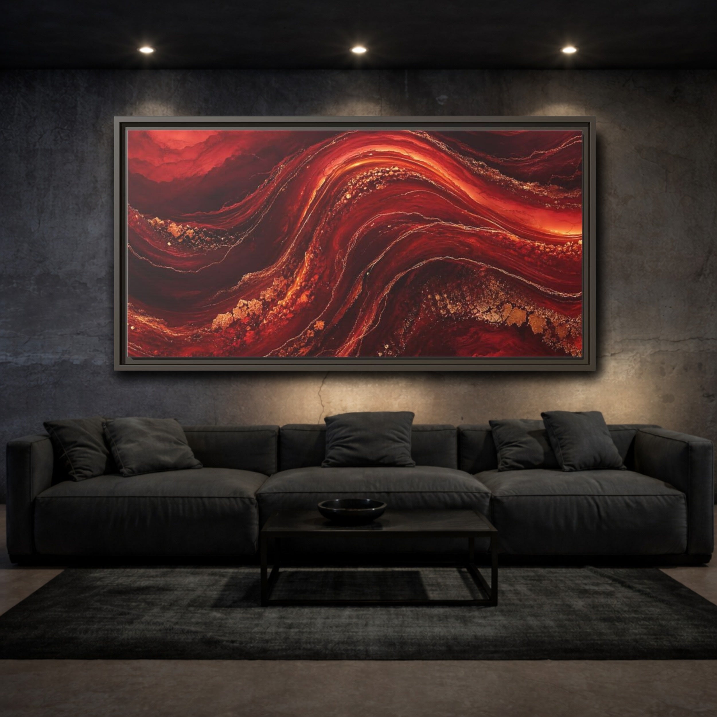 Mockup 3. Abstract Abstract Flow Red And Gold shown as stretched canvas wall art