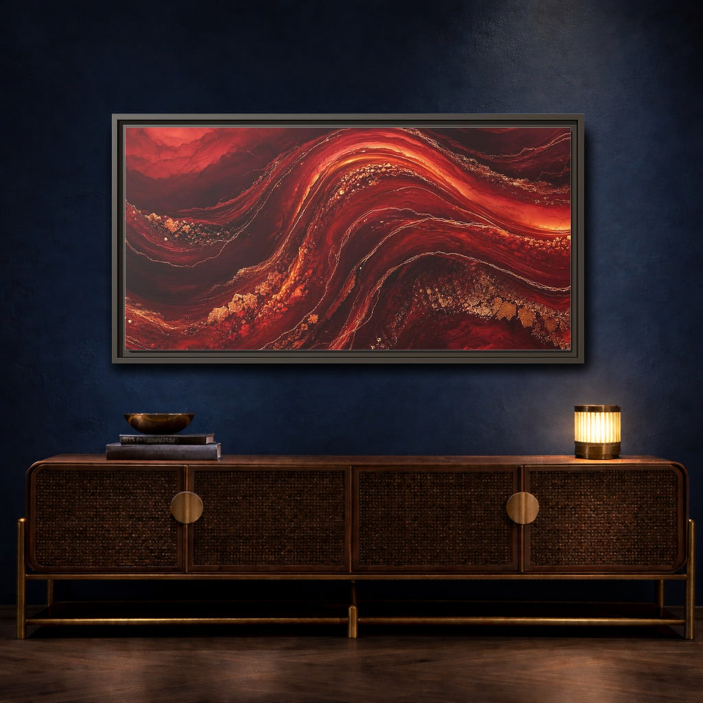 Mockup 4. Abstract Abstract Flow Red And Gold shown as stretched canvas wall art