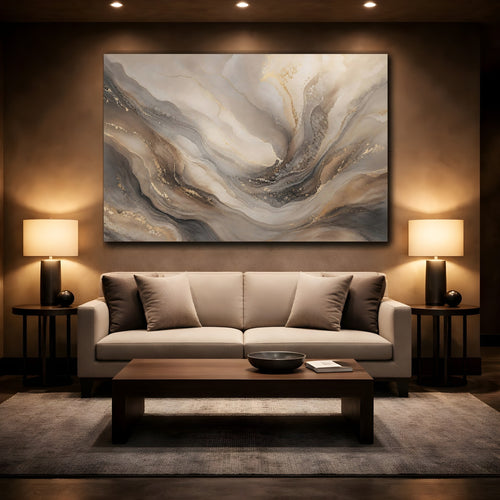 Mockup 2. Abstract Abstract Fluid Beige Gold Abstract shown as stretched canvas wall art