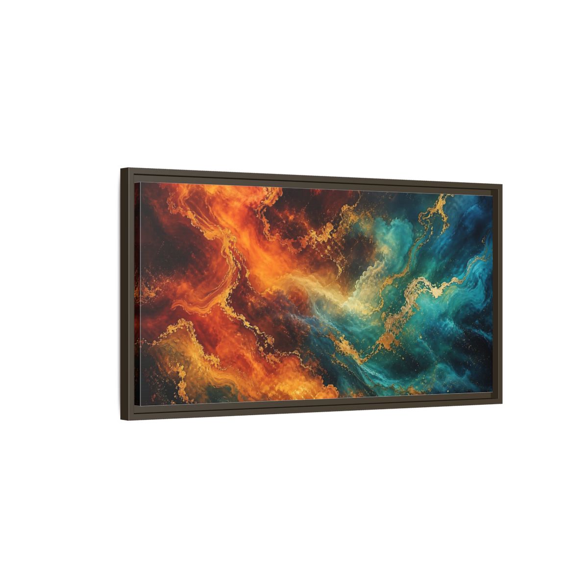 Main Mockup. Abstract Abstract Fluid Orange Teal Gold shown as stretched canvas wall art