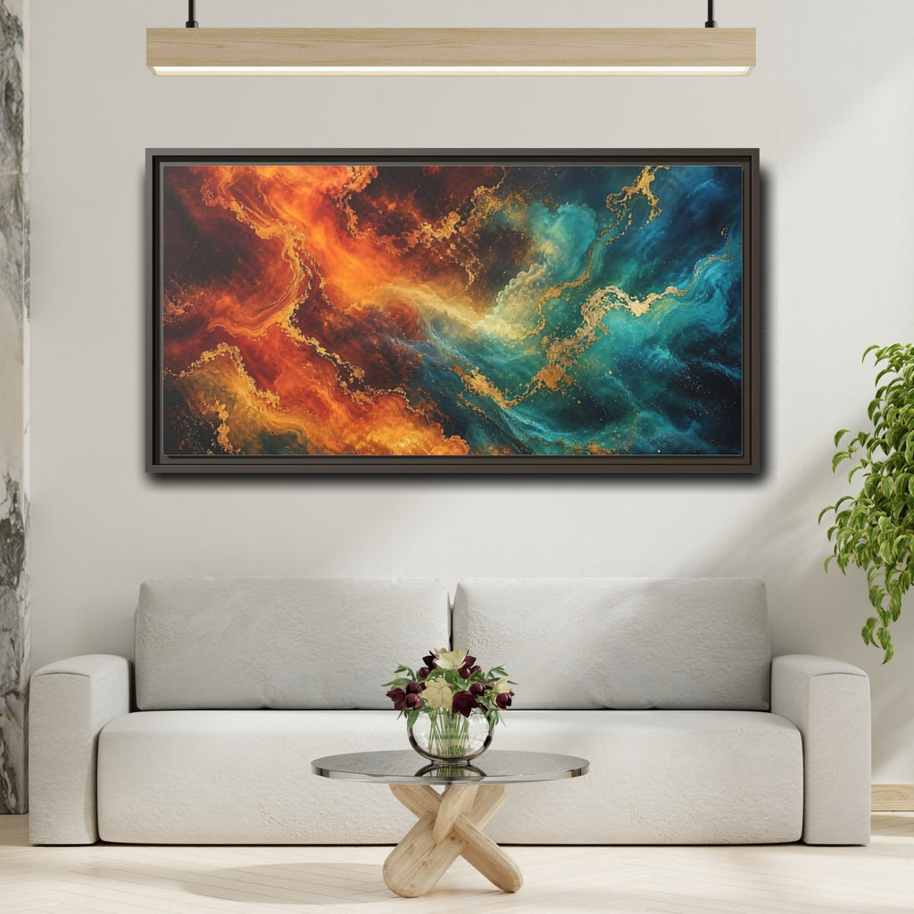 Mockup 2. Abstract Abstract Fluid Orange Teal Gold shown as stretched canvas wall art
