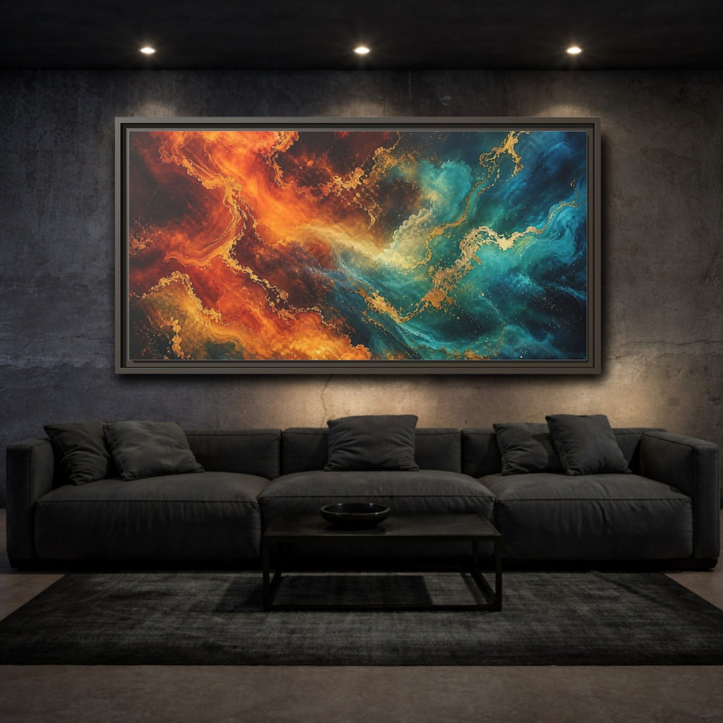 Mockup 3. Abstract Abstract Fluid Orange Teal Gold shown as stretched canvas wall art