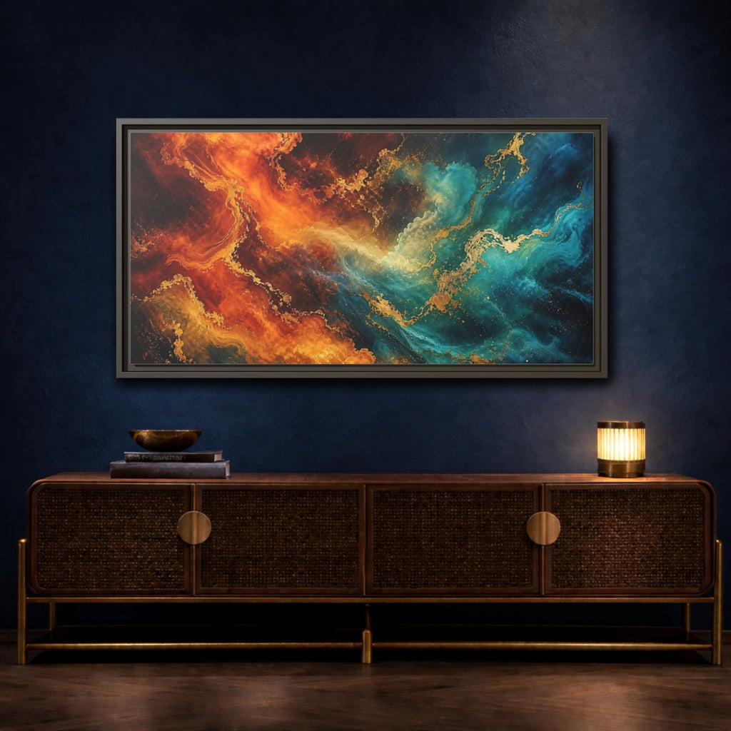 Mockup 4. Abstract Abstract Fluid Orange Teal Gold shown as stretched canvas wall art