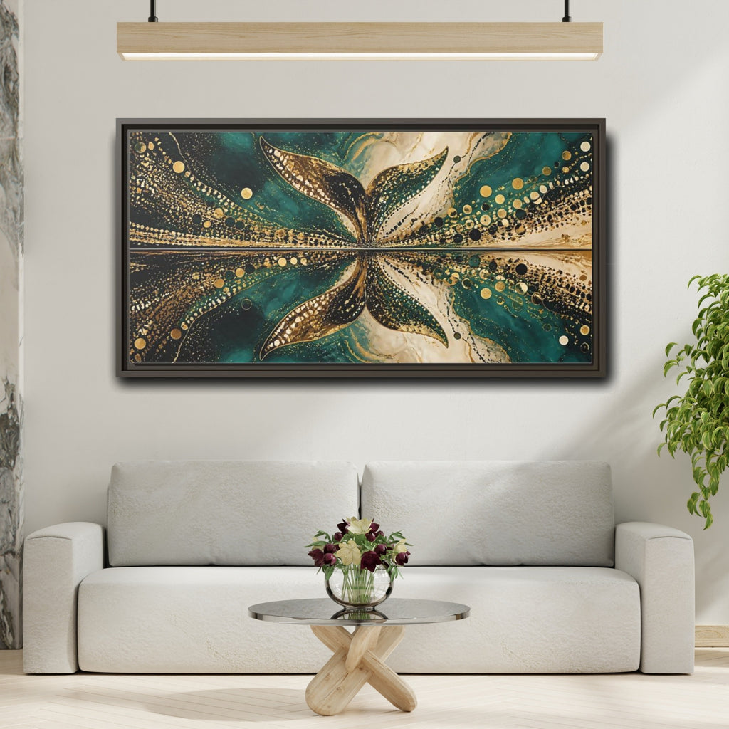 Mockup 2. Abstract Abstract Form Teal Gold Abstract shown as stretched canvas wall art