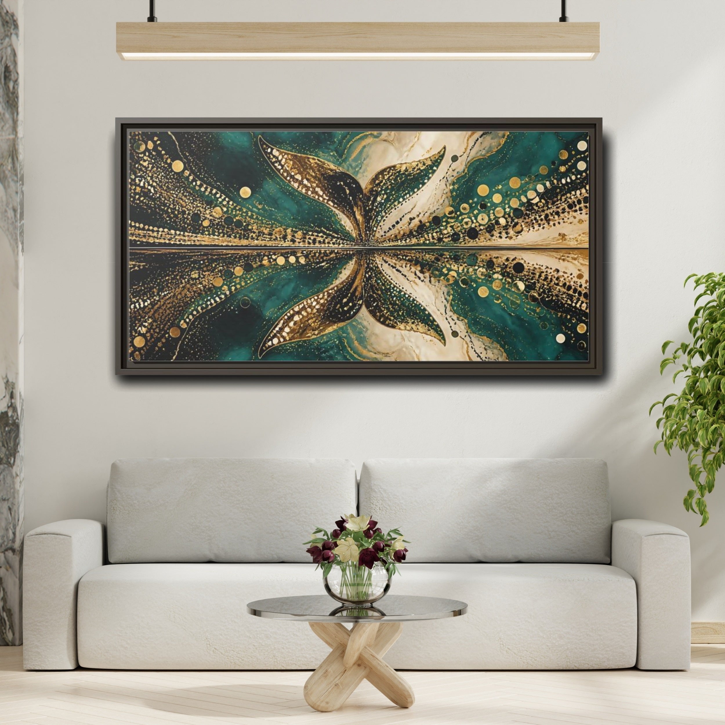 Mockup 2. Abstract Abstract Form Teal Gold Abstract shown as stretched canvas wall art
