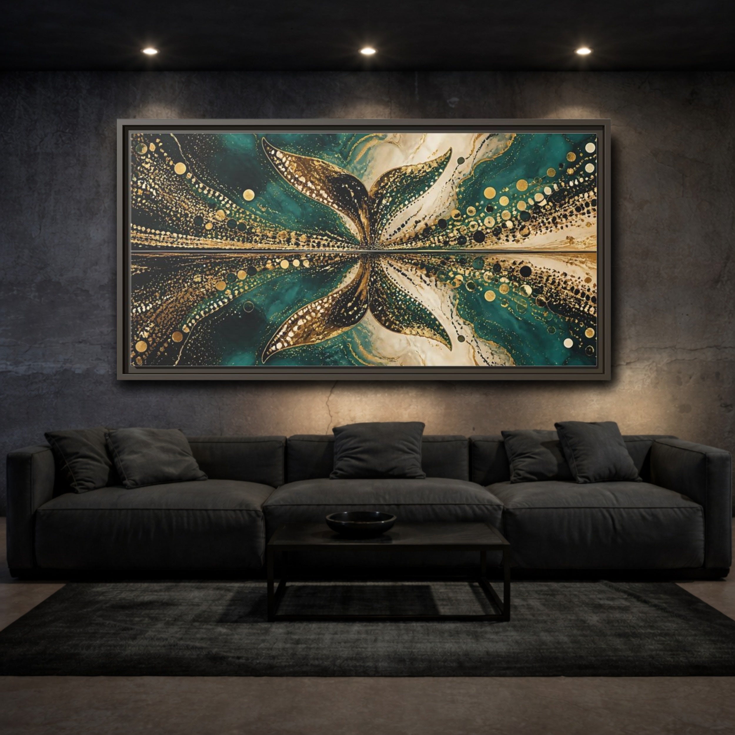 Mockup 3. Abstract Abstract Form Teal Gold Abstract shown as stretched canvas wall art