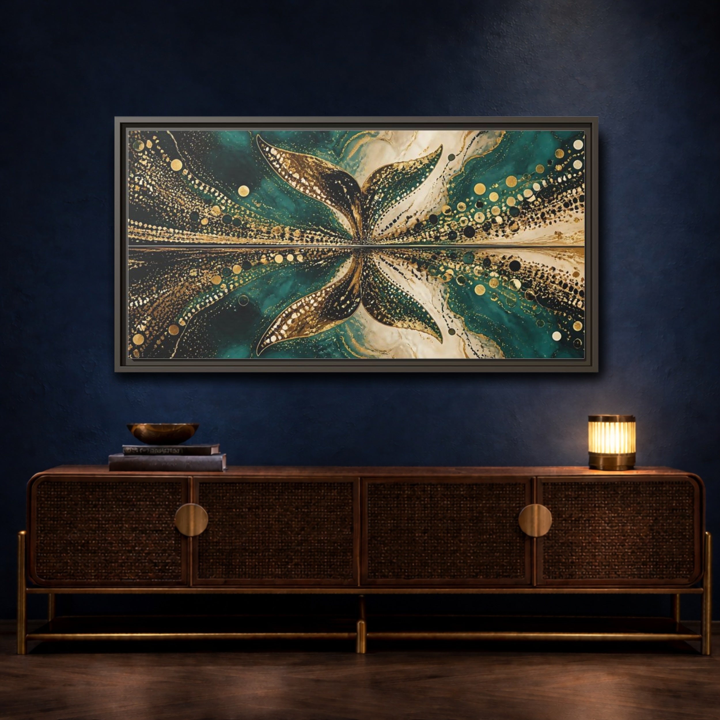 Mockup 4. Abstract Abstract Form Teal Gold Abstract shown as stretched canvas wall art
