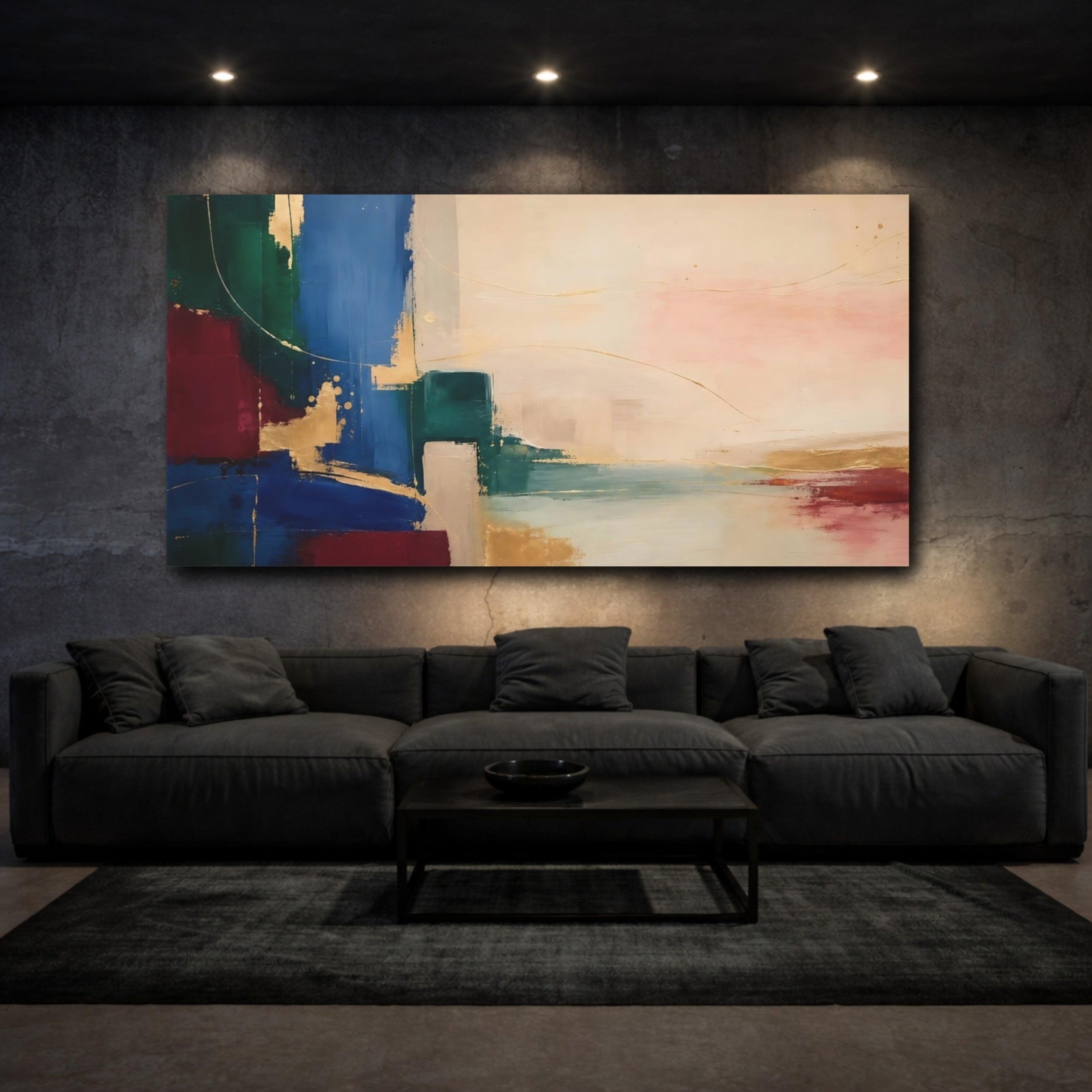 Mockup 3. Abstract Abstract Forms Abstract Gold shown as stretched canvas wall art
