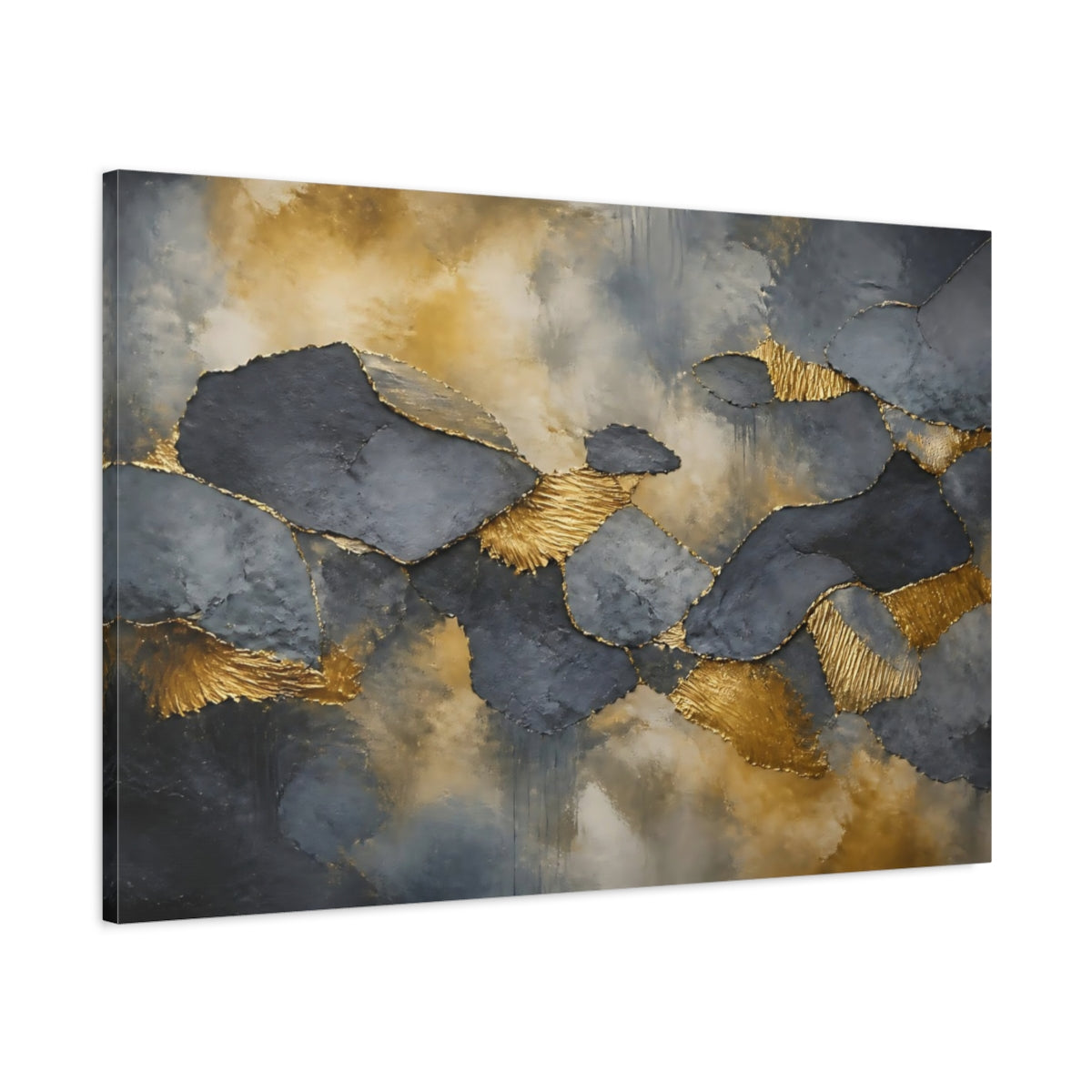 Main Mockup. Abstract Abstract Forms Gold And Grey shown as stretched canvas wall art