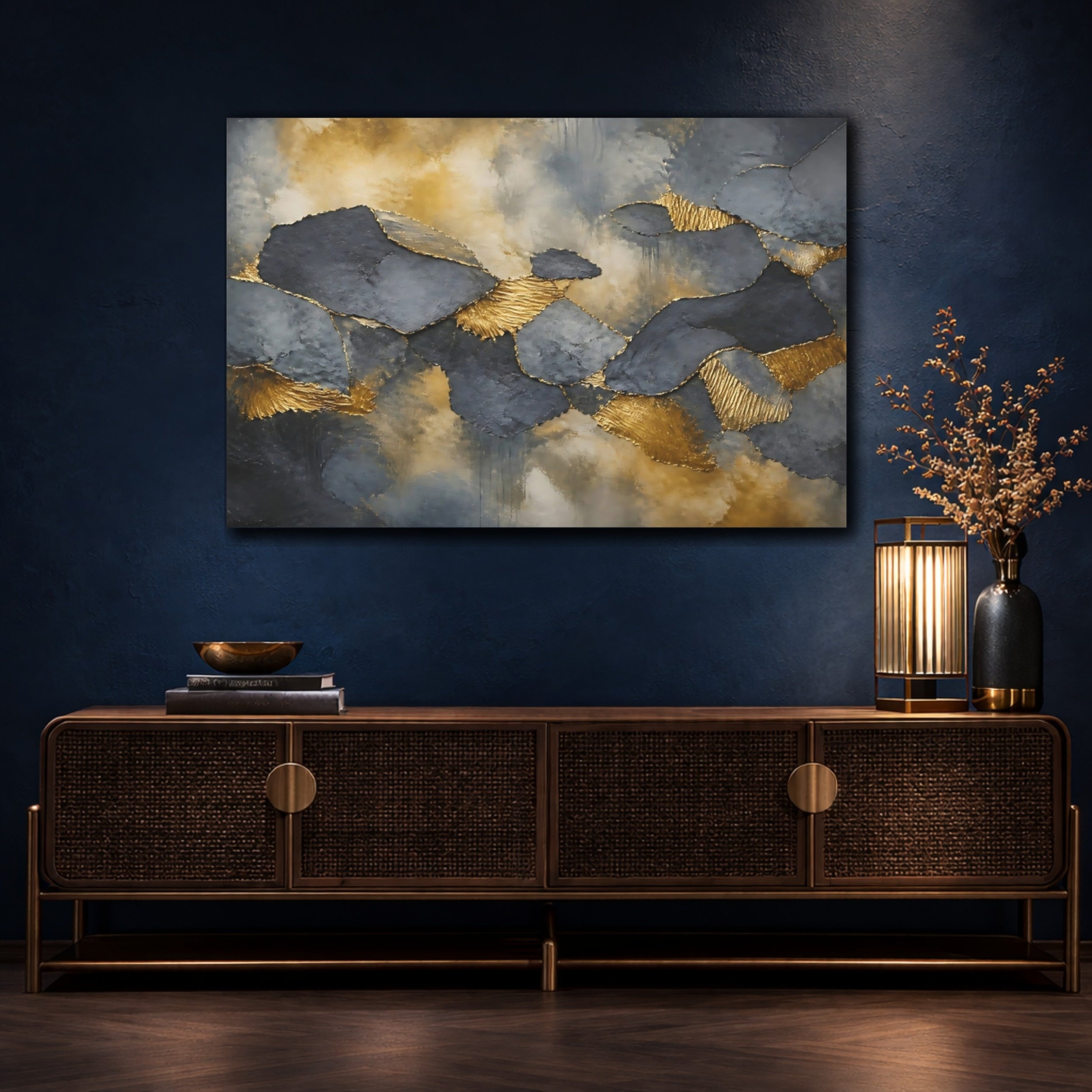 Mockup 4. Abstract Abstract Forms Gold And Grey shown as stretched canvas wall art