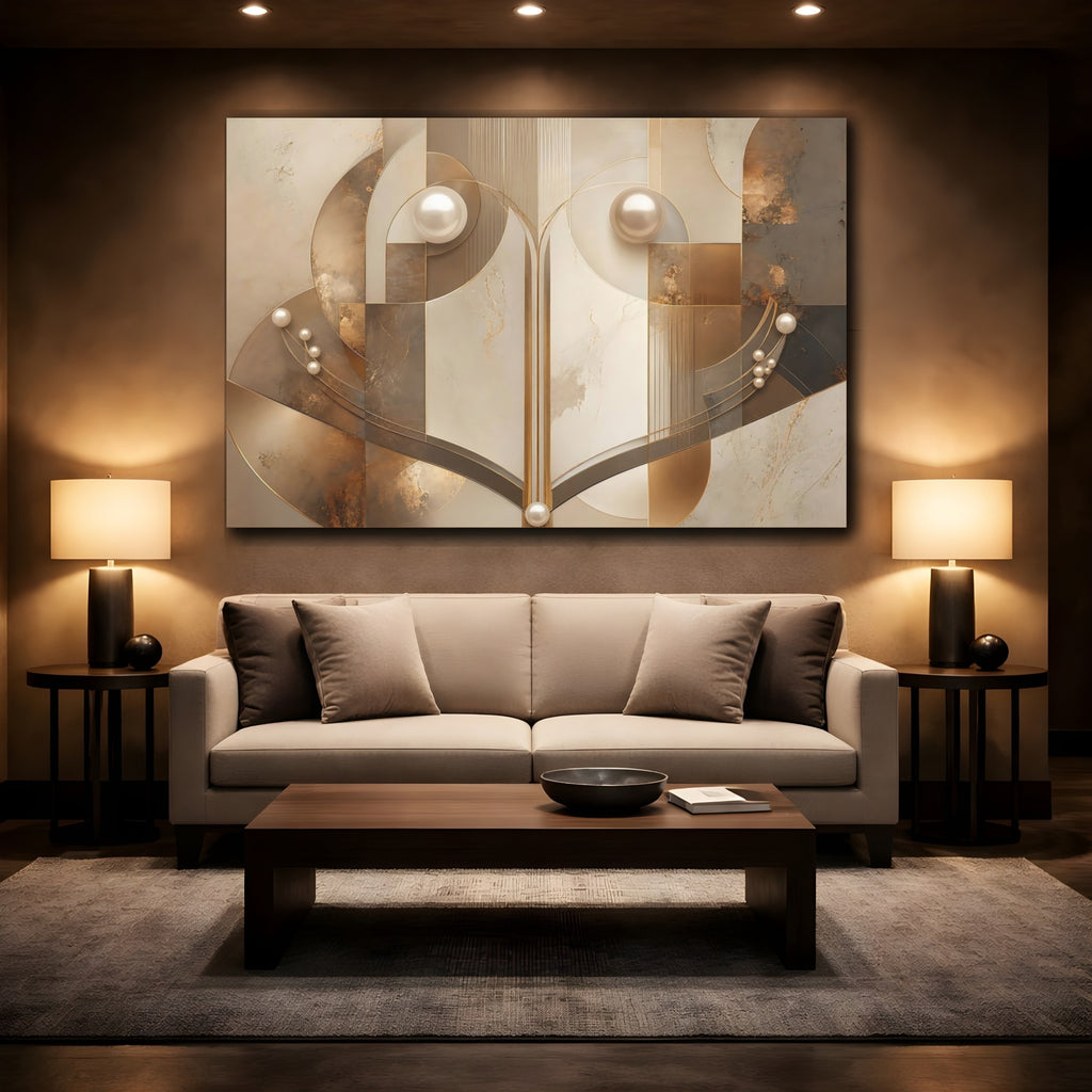 Mockup 2. Abstract Abstract Geometry Gold And Beige shown as stretched canvas wall art