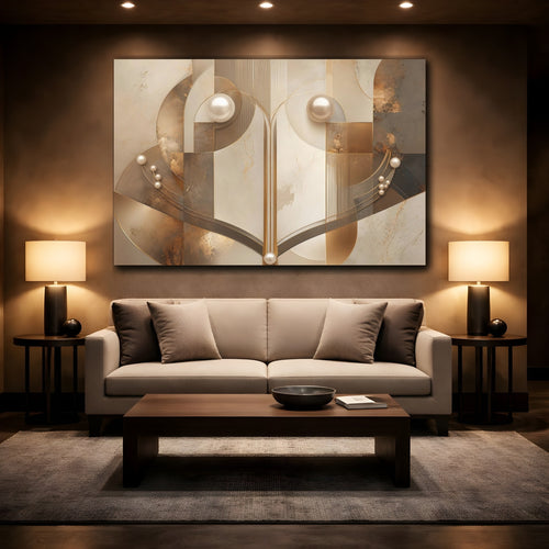 Mockup 2. Abstract Abstract Geometry Gold And Beige shown as stretched canvas wall art