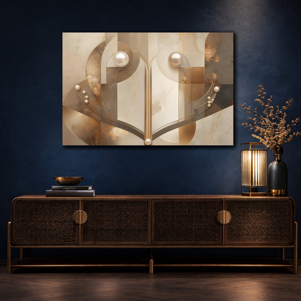 Mockup 4. Abstract Abstract Geometry Gold And Beige shown as stretched canvas wall art