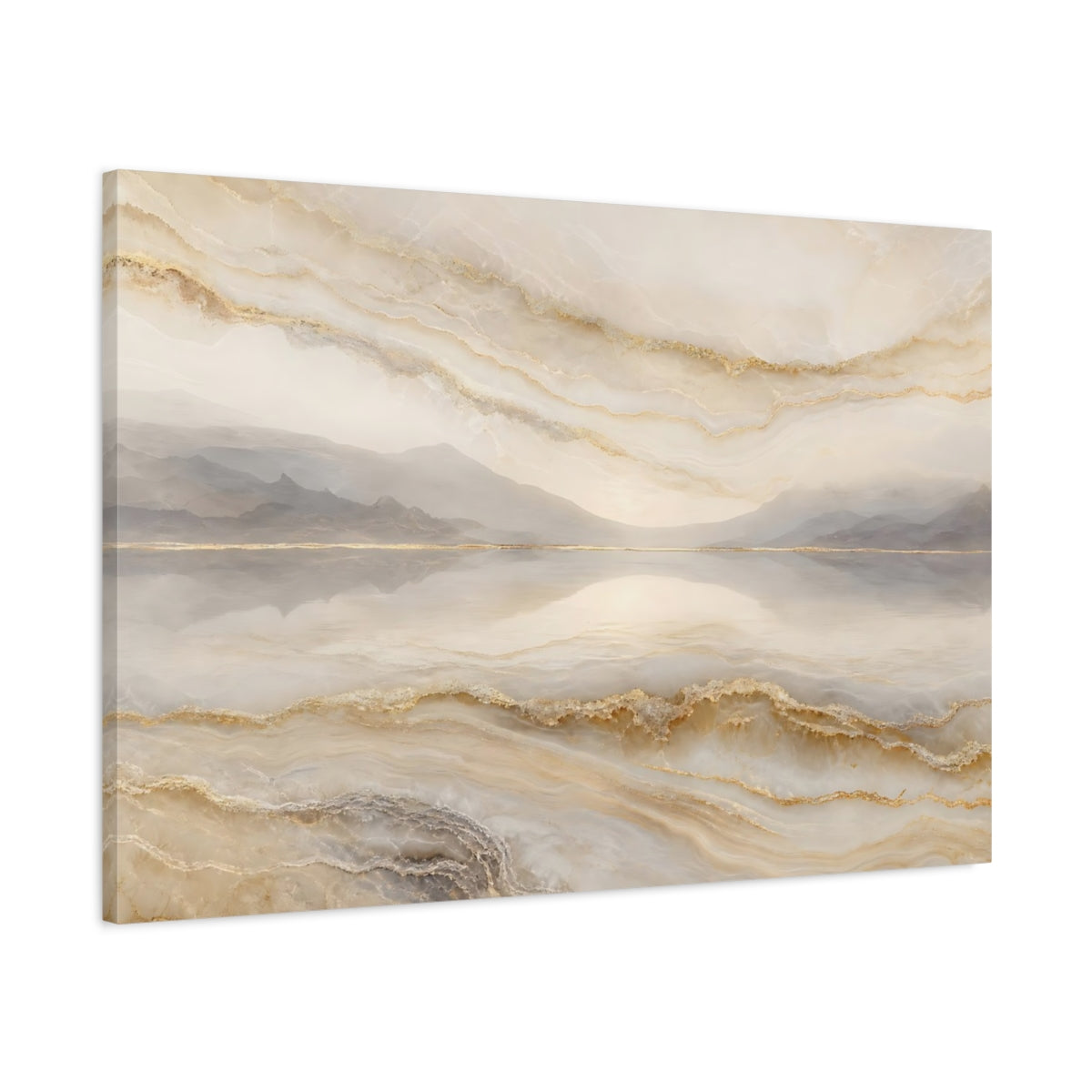 Main Mockup. Abstract Abstract Landscape Gold And Beige shown as stretched canvas wall art