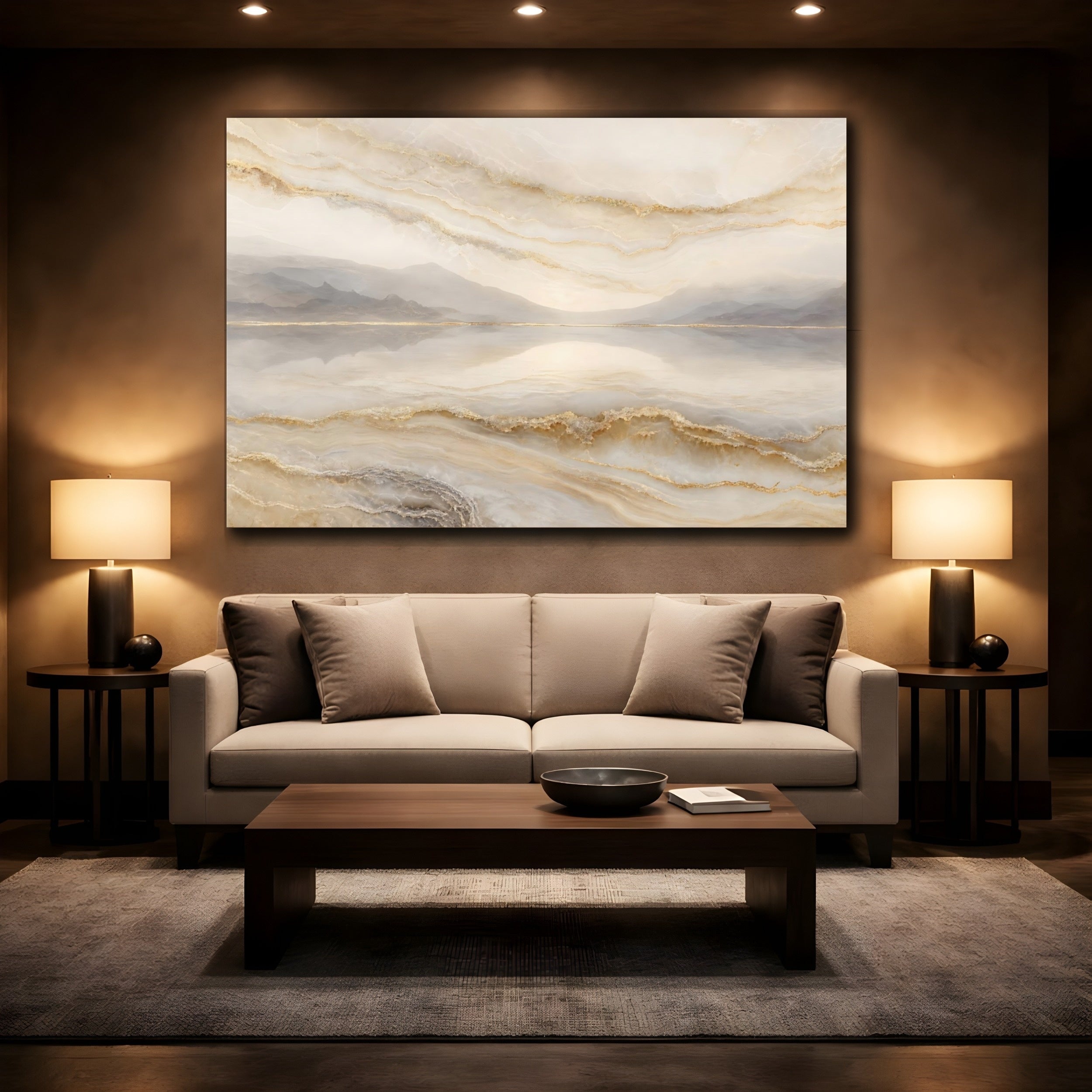 Mockup 2. Abstract Abstract Landscape Gold And Beige shown as stretched canvas wall art